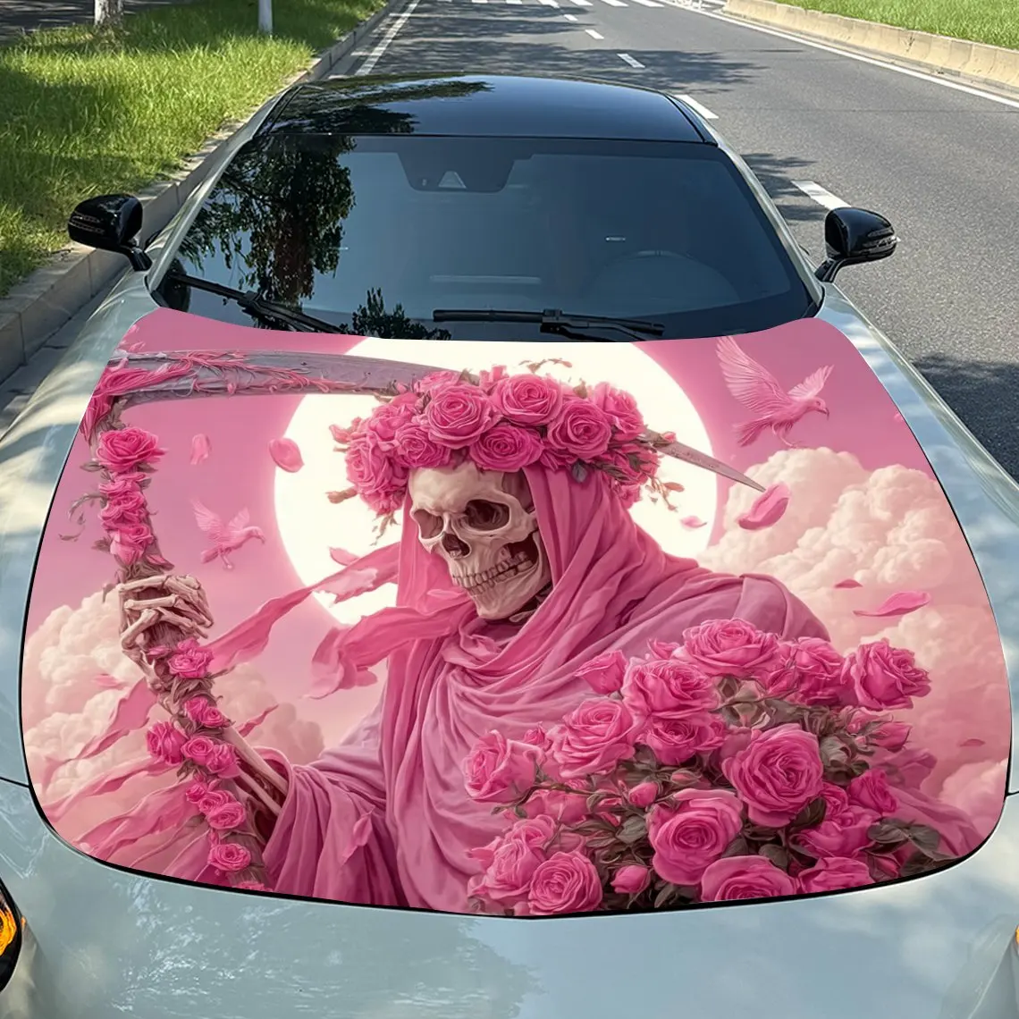 

Pink Death Reaper Car Hood Decal - Durable PVC Vinyl Wrap For Engine Protection, Stylish Pattern & Bold Design, Perfect For Most