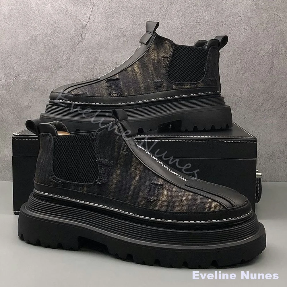 Vintage Distressed Denim Chelsea Ankle Boots Men Mixed Colors Elastic Slip On Chunky Platform Shoes Ripped Washed Denim Boots