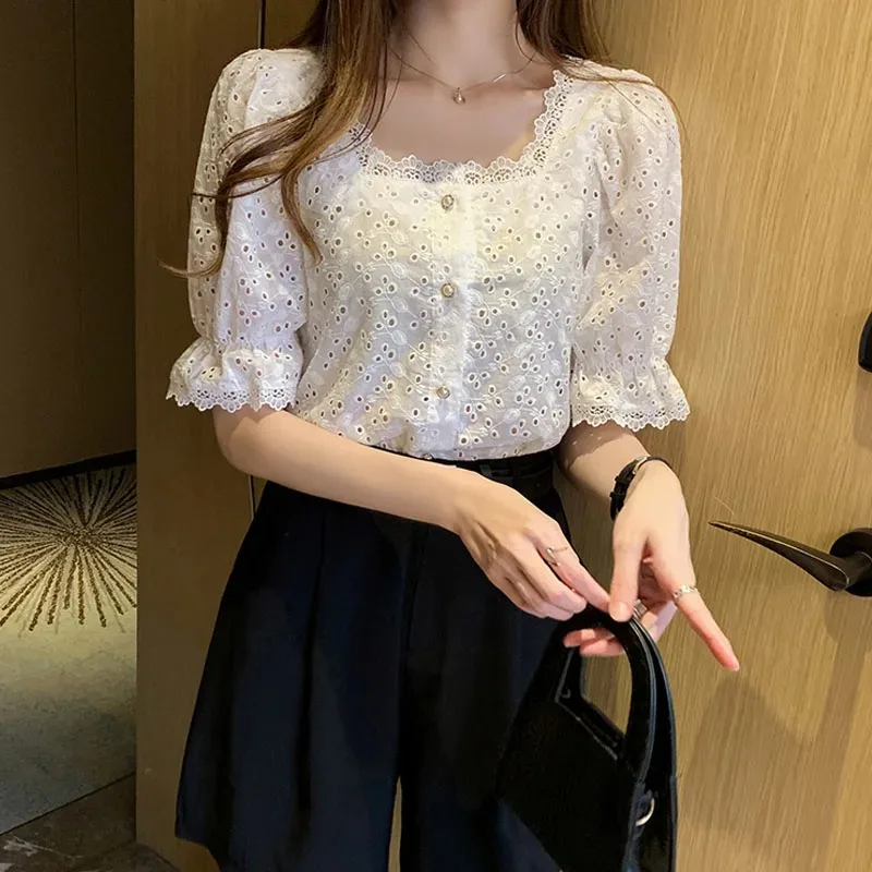 Vintage Hook Hollow Flower Tops Elegant Lace Shirt Elegant Women Clothes Summer Square Collar Short Sleeve Blouse Blusas 13934