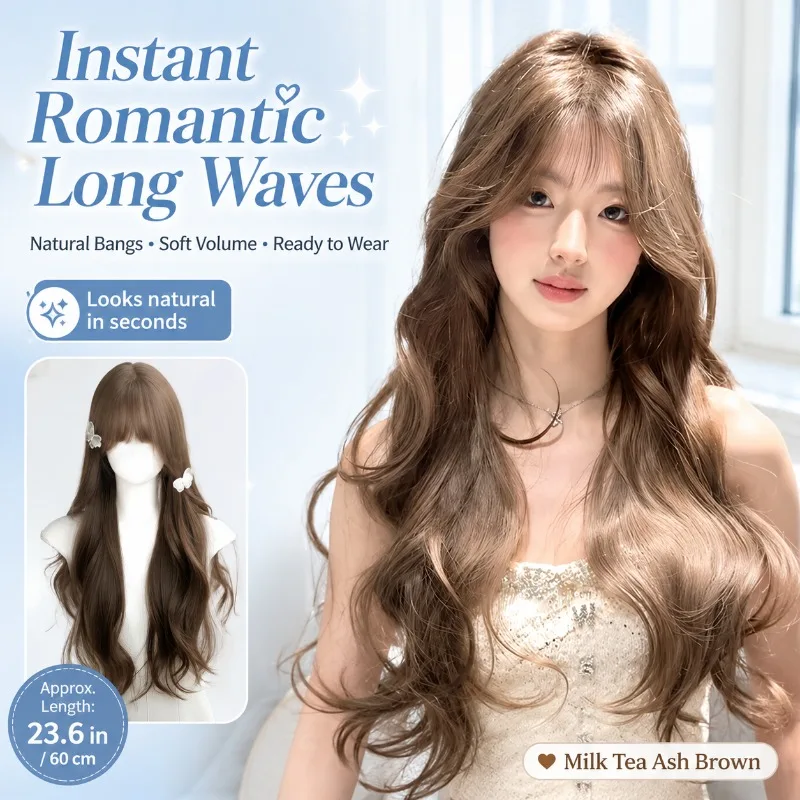 

Natural Long Wave Wig with Wispy Bangs Milk Tea Brown Heat Resistant Synthetic Hair Adjustable Cap for Women Party Daily 60cm