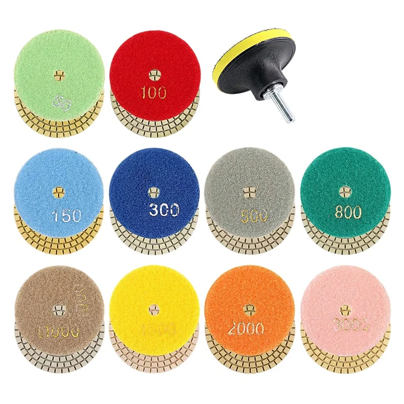 11Pcs 3inch Wet Diamond Polishing Pads Set 50 to 3000 Grit Hook and Loop Backing Sanding for Granite Concrete Marble