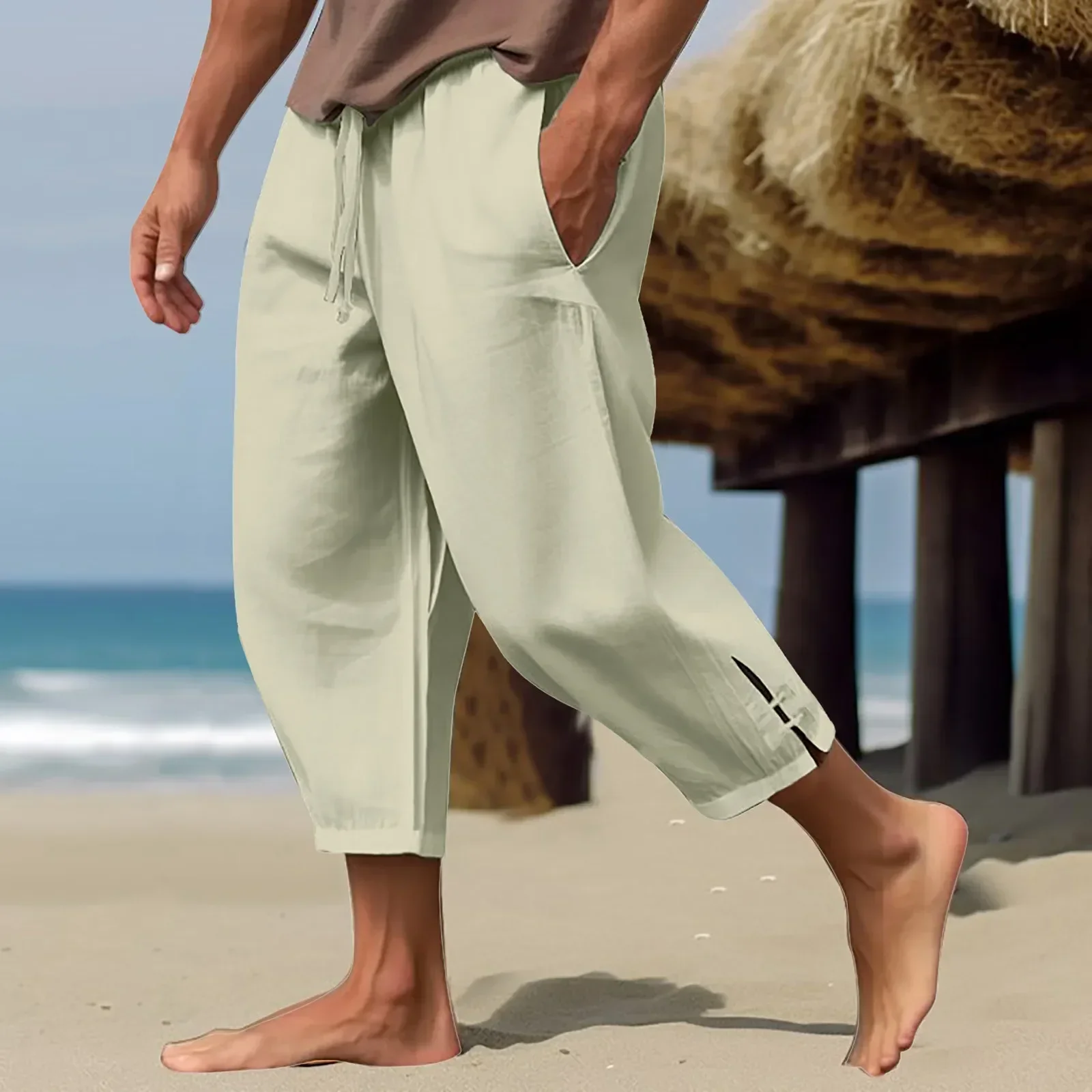 Man Spring Summer Holiday Beach Pants Elastic Waist Solid Color Fashion Casual Trousers Comfortable Breathable All-Match Pants