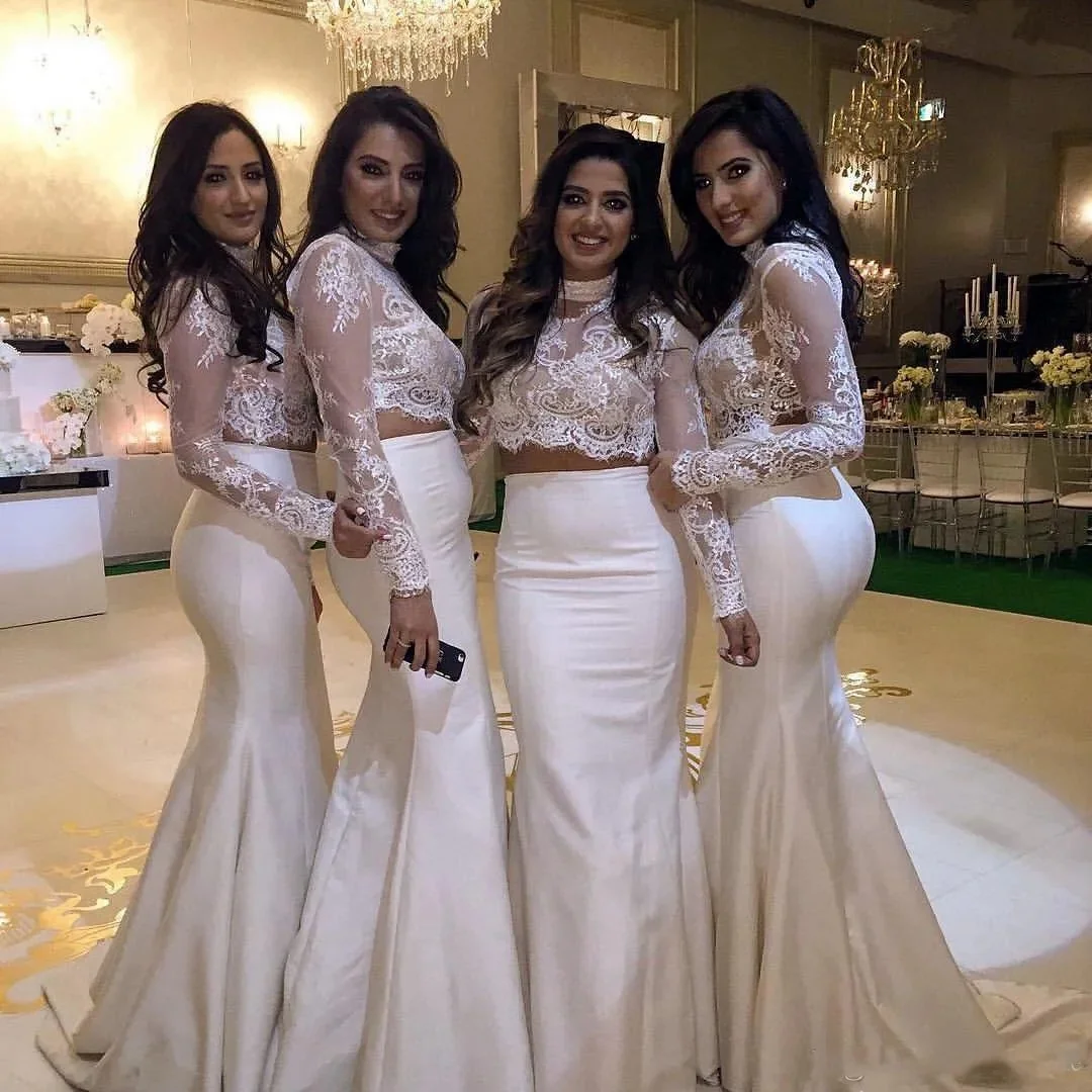 

Pure White Lace Satin Two Piece Bridesmaid Dresses 2024 Illusion Transparent Long Sleeve Mermaid Bridesmaid Dress Wedding Dress