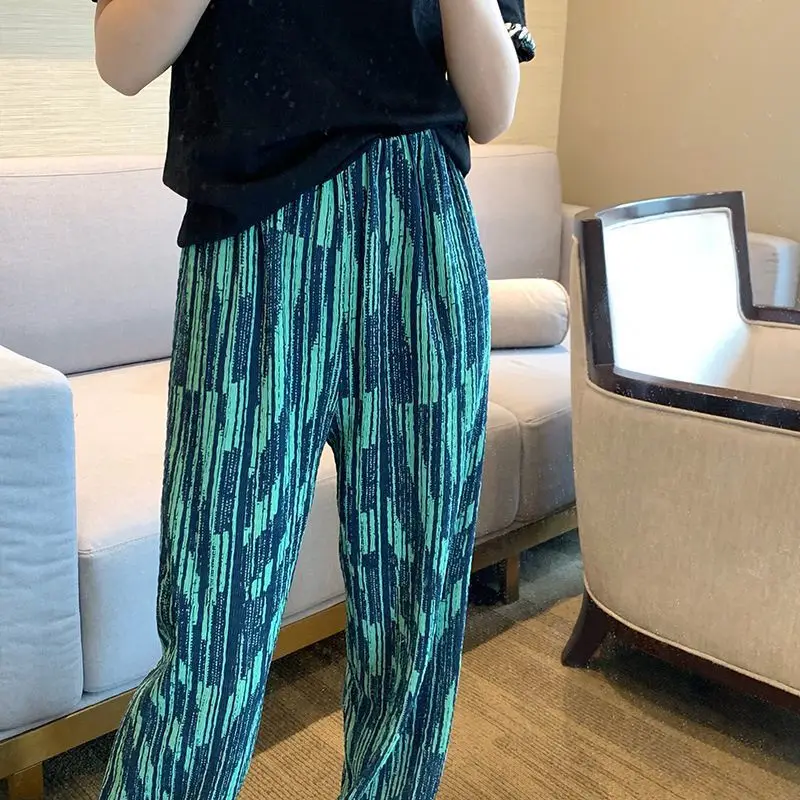 Korean women's green ripple printed wide leg pants with high waist and hanging sensation, straight tube pleated casual pants