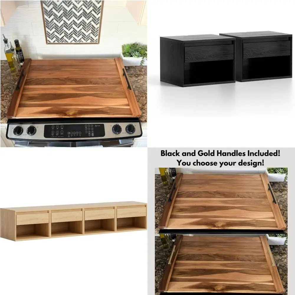 

Acacia Wood Stove Cover with Black and Gold Handles, 30.25L x 21.75W, Protective Kitchen Noodle Board Top Cover, Ideal for Stove