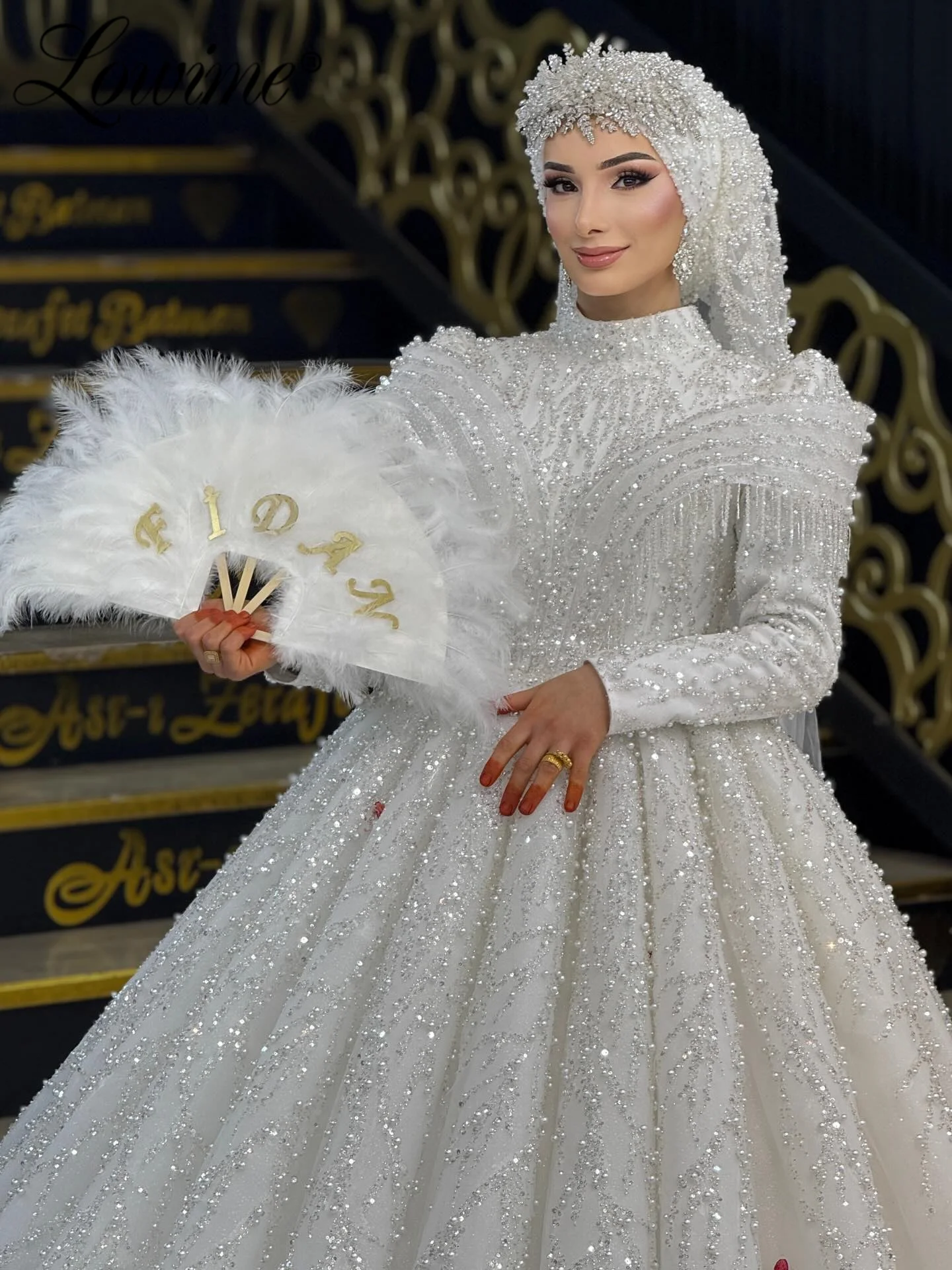 

2026 Elegant White Pearls Muslim Evening Dresses Long Sleeves High Collar Wedding Bride Dress Customized Puffy Party Prom Dress