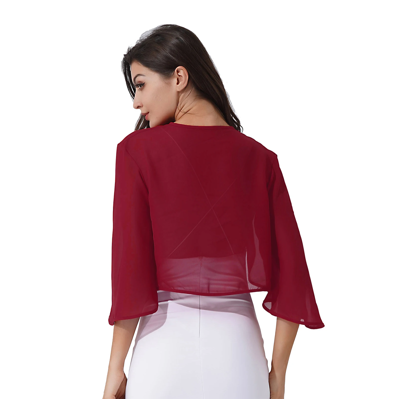 Womens Chiffon Capes Cardigan Bolero Jacket 3/4 Flare Sleeve Solid Color Evening Wedding Party Bridal Dress Cover Up Wraps Shawl