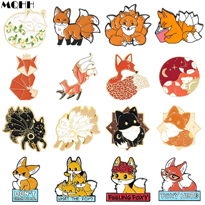 Cute Cartoon Animal Red Fox Enamel Pins Flowers Play Running Fox Reading Crown Sweet Alloy Brooch Badge Fashion Woman Jewelry