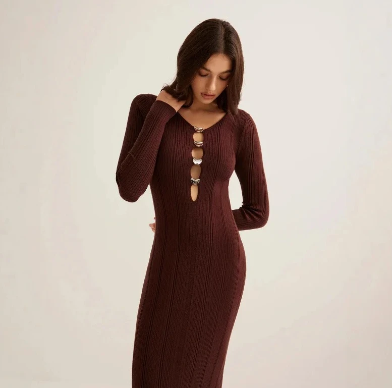 여성용 드레스 바디콘 니트 드레스 브이넥 긴팔 슬림핏 프렌치 레트로 솔리드 컬러 우아한 오피스 파티웨어