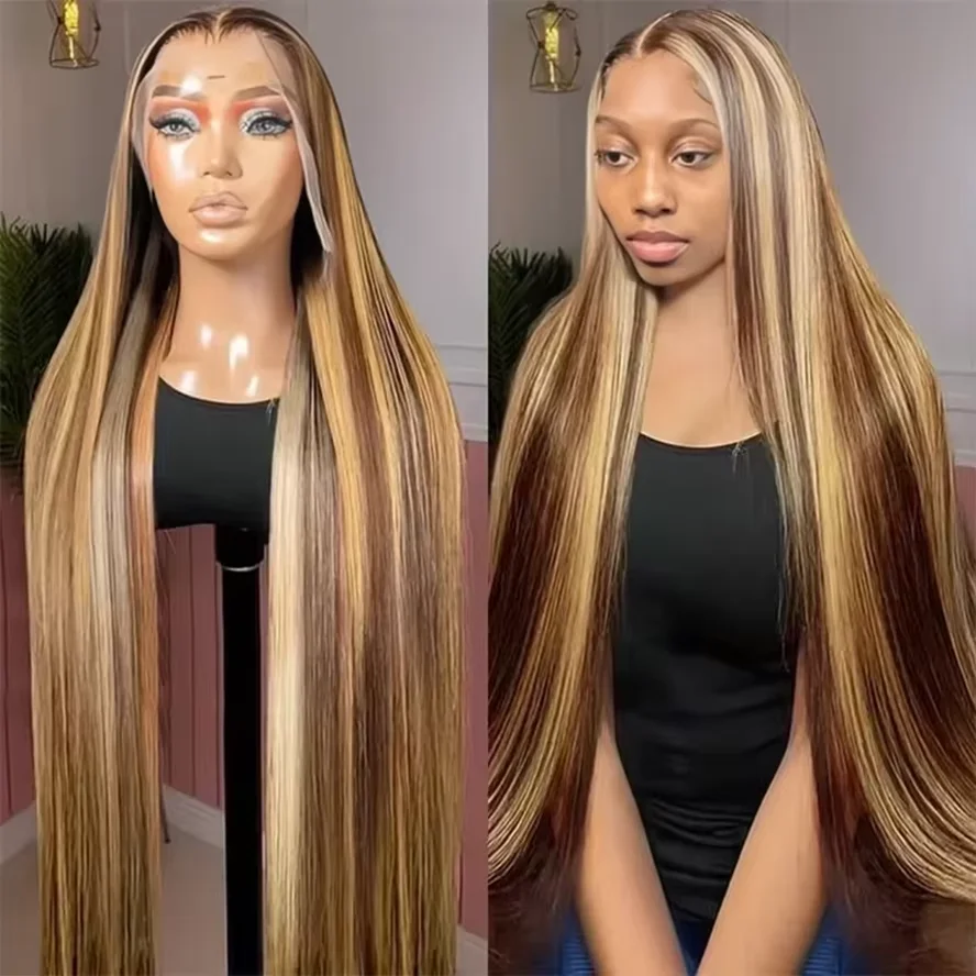 

48-52 Inch Long wigs P4/27 Highlight Straight 13x6 HD Transparent Lace Wig Colored Full Frontal Wig Human Hair 200 Density