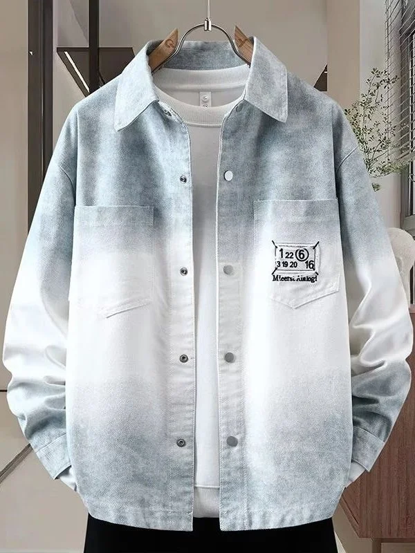 Gradient Long Sleeve Embroidered Letter Jacket Casual Denim Coat for Teenage Students Autumn Fashion Urban Style Loose Fit Shirt