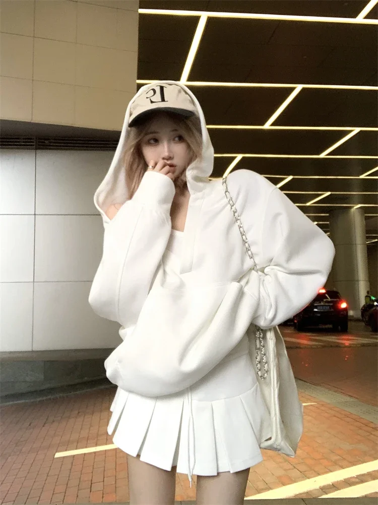 ADAgirl White V-neck Oversized Hoodie Grey Long Sleeve Sweatshirt Loose Casual Korean Fashion Autumn Winter Clothes Women Chic