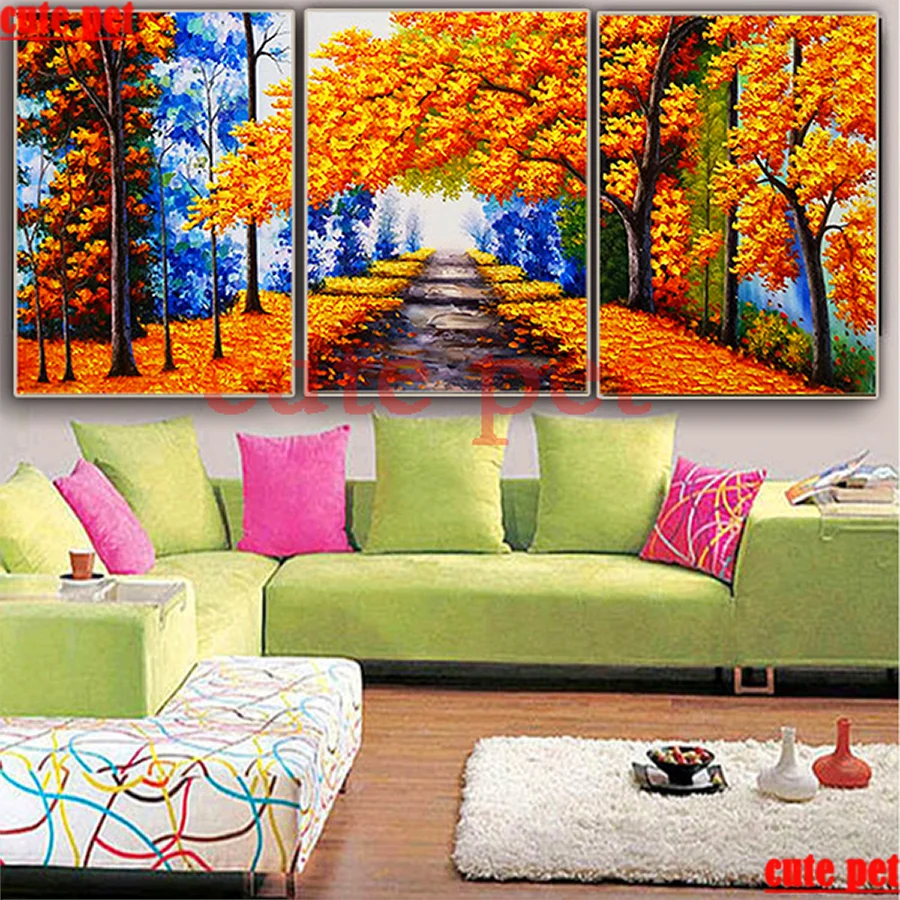 

DIY Diamond Painting Oil painting autumn leaves landscape Embroidery CrossStitch Mosaic rhinestone Diamond Art puzzle Decor 3PCS