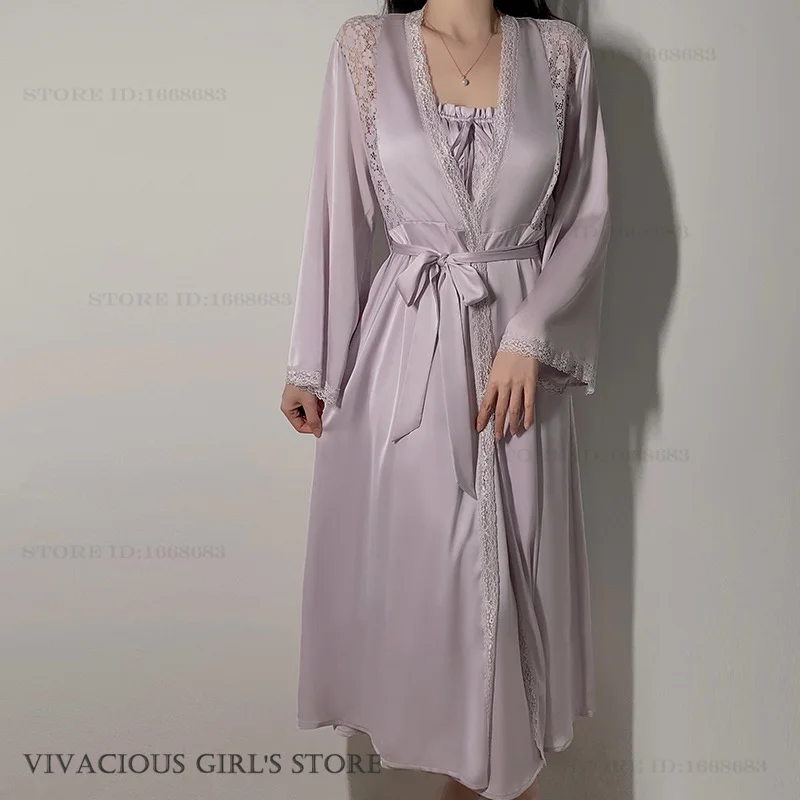 Spring New Women Long Robe Nightgown Sleepwear Two Piece Set Sexy Lace Bathrobe Lingerie Loose Silk Satin Home Dress Loungewear