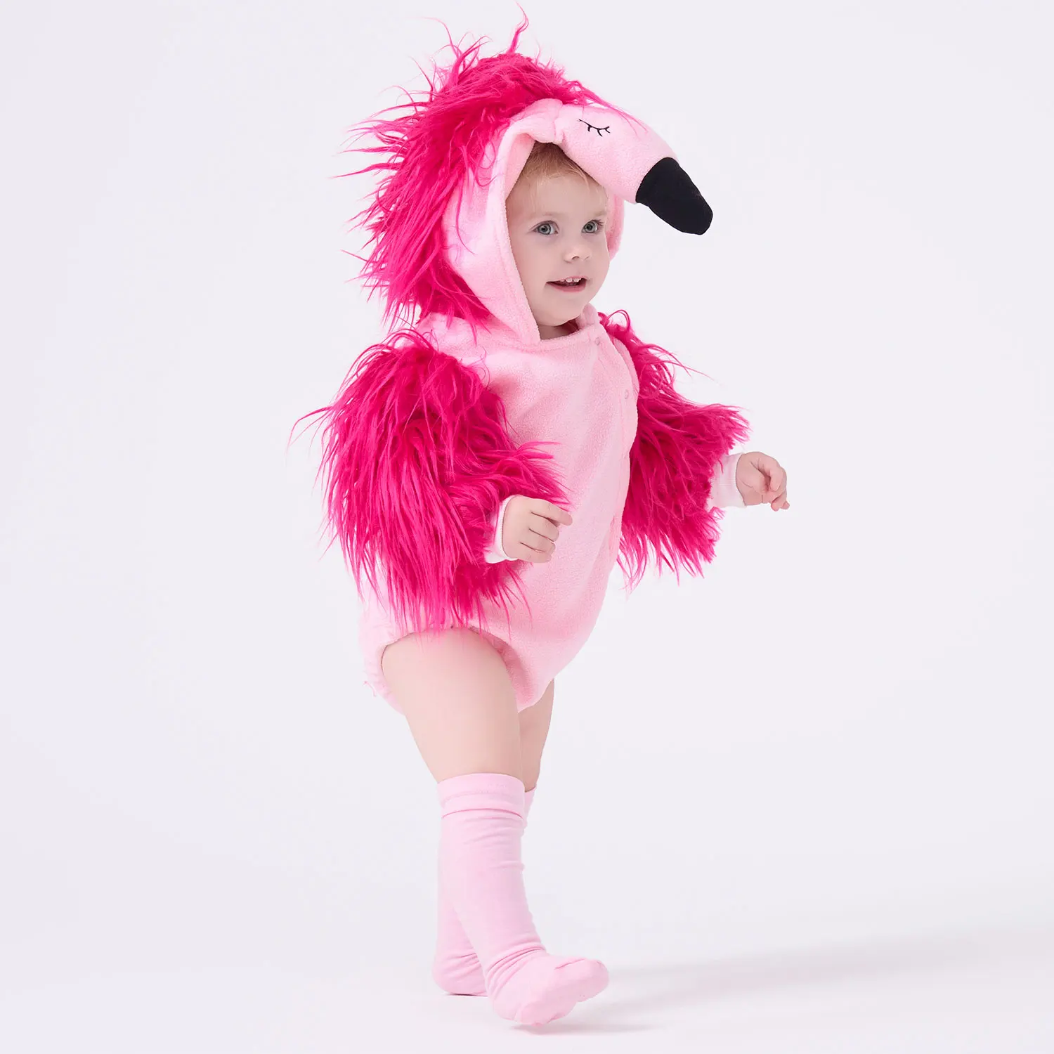 Umorden 2pcs/set 0-24M Baby Girls Pink Furry Flamingo Romper Bodysuit Costume with Stockings Hoodie Button Fleece