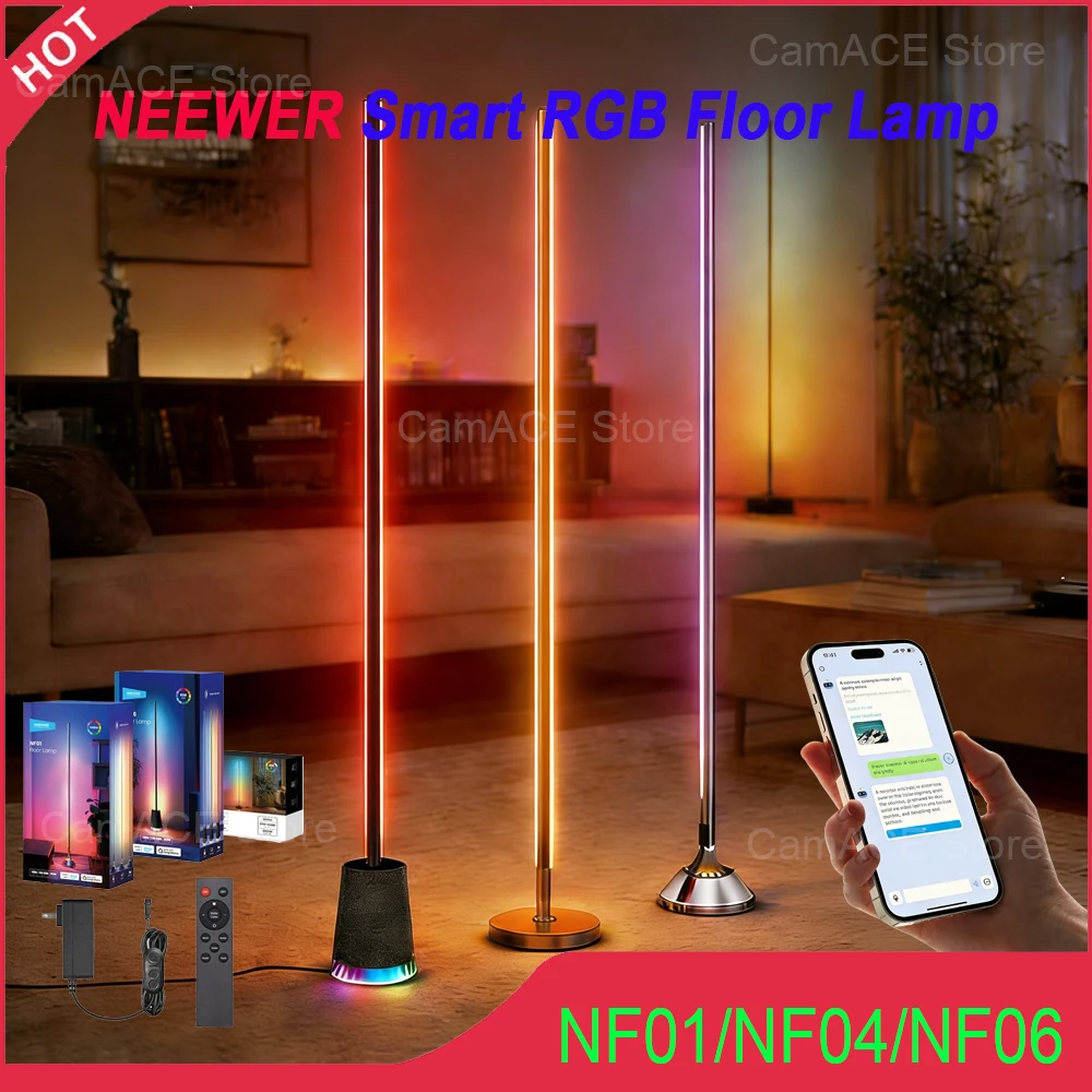 NEEWER Smart RGB Floor Lamp (NF01/NF04/NF06) RGBCW, Music Sync, Voice Control & AI Scene Modes for Gaming/Movie & Home Ambiance