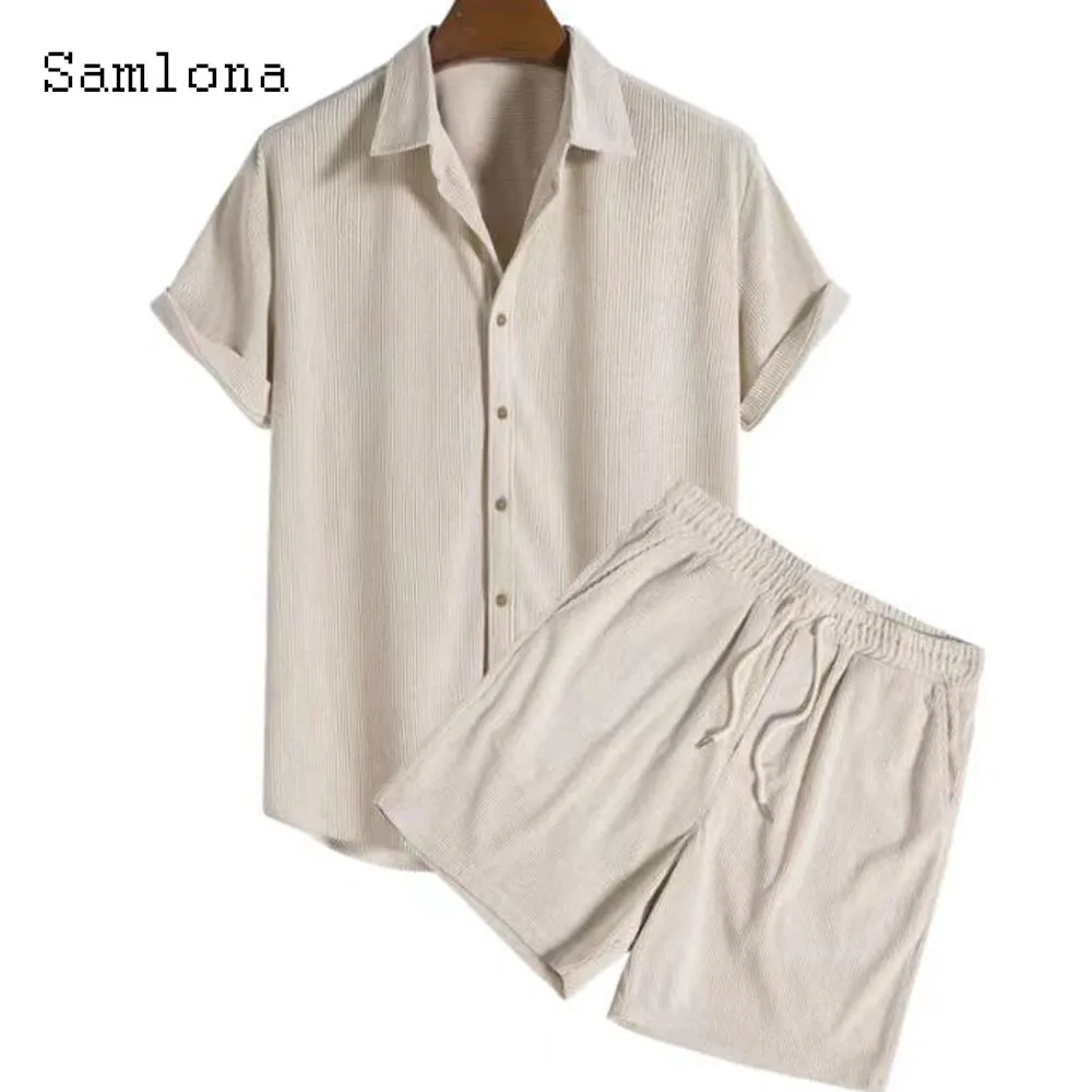 Plus Size Mens Casual Corduroy Two Piece Sets 2024 America and Europe Notched Blouse White Shorts Suit Men Beach Tracksuits Set