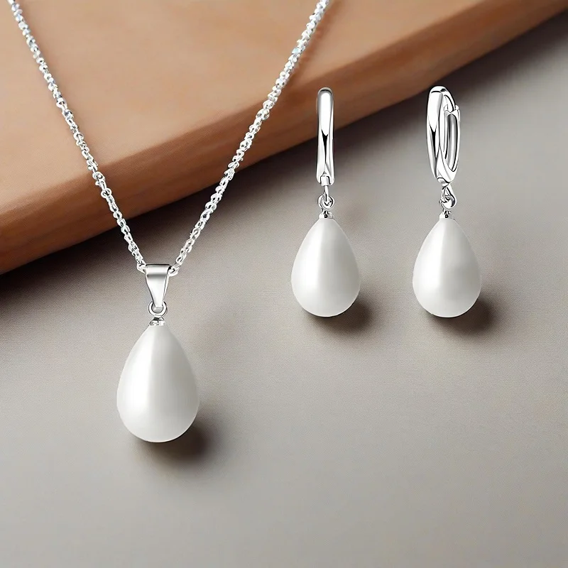 Temperament 925 Sterling Silver Water Drop Shape Pearl Necklace Drop Earrings Set for Women Wedding Engagement Party Jewelry