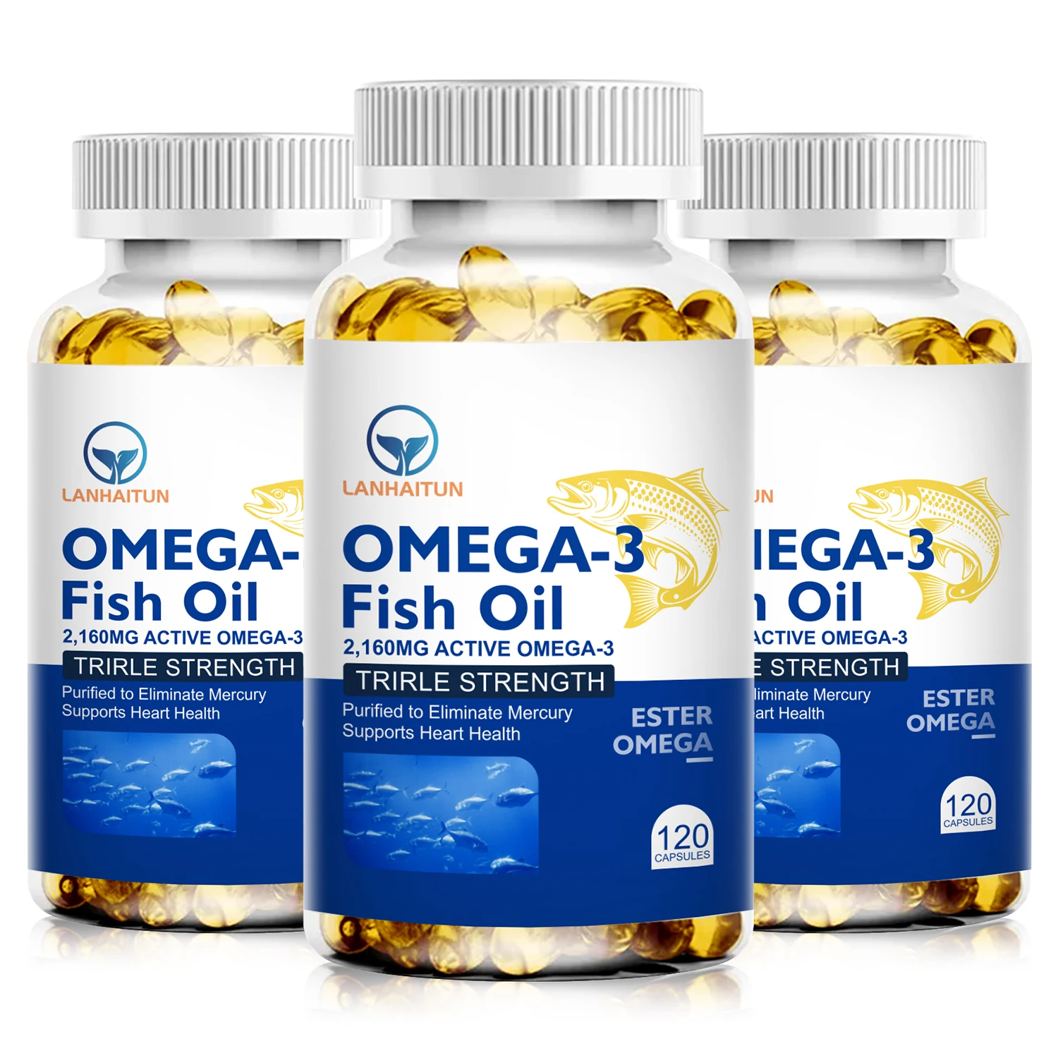 

LANHAITUN 3 Bottles 2160MG Fish Oil Omega 3 Rich in DHA & EPA Promotes Immunity Joints, Eyes, Brain & Skin Health