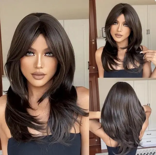 Black Brown Long Straight Synthetic Wig with Bangs Dark Brown Bob Cosplay Daily Hair Wigs for Women Afro Heat Resistant Fibre