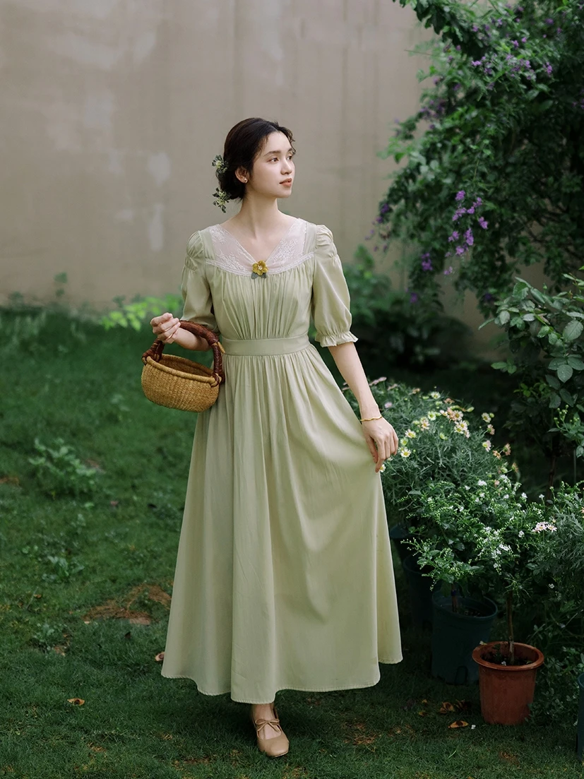 

TIYIHAILEY Women Green Dress Half Sleeve Long Maxi Ladies S-XL Vintage High Waist 2025 New Lace Patchwork -Neck Bandage Summer