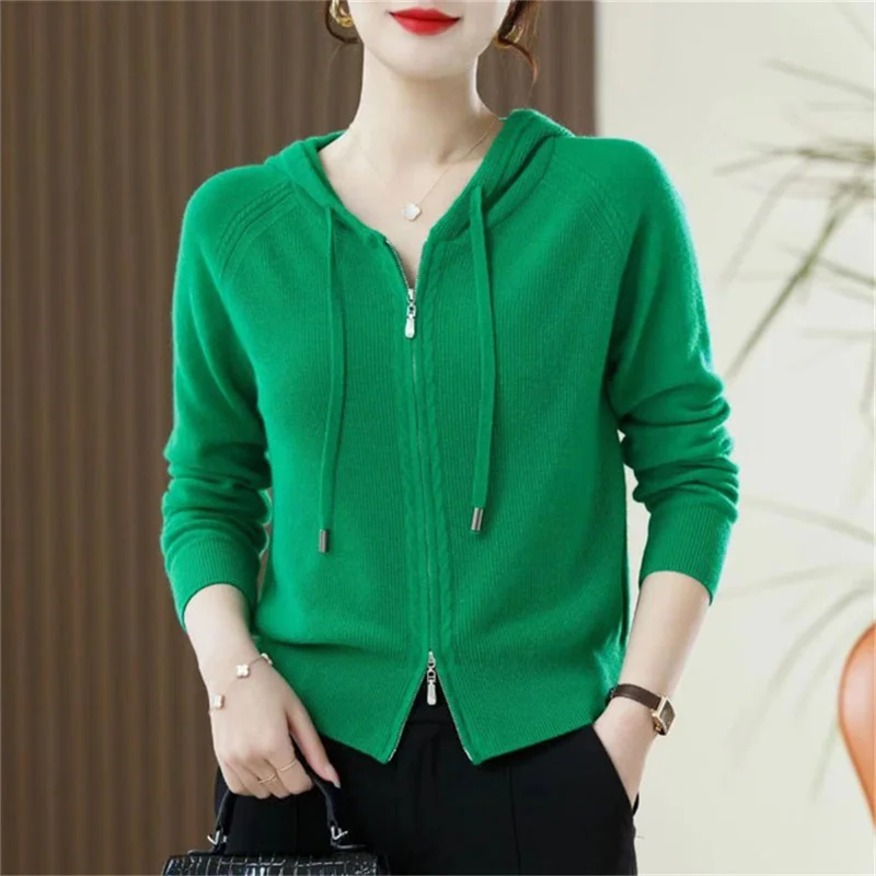 Solid Color Sweater Jacket Spring Autumn Outerwear Cashmere Sweater Hooded Cardigan Women\'s Knitted Outerwear Long Sleeved Loose