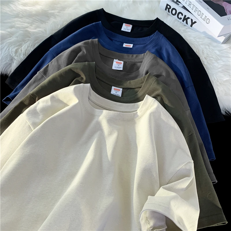 

New Summer 260g 100% Cotton Fabric T-shirt Men High Quality Solid Color Short Sleeve Loose Tshirts Oversize Top Tees S-5XL