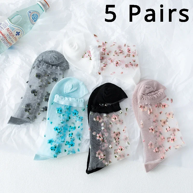 5 Pairs Breathable Ultra Thin Socks Summer Women Transparent Lace Silk Crystal Rose Flower Girls Elastic Short Socks Female Sox