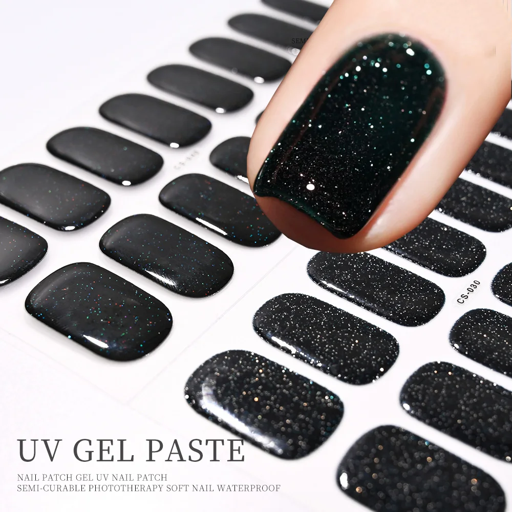 16 Tipps Französische schwarze halbgehärtete Nagelaufkleber mit Glitzer, langlebige UV-Gel-Nagellack-Wraps, vollständige Abdeckung, Nagelkunst-Abziehbilder, Patch