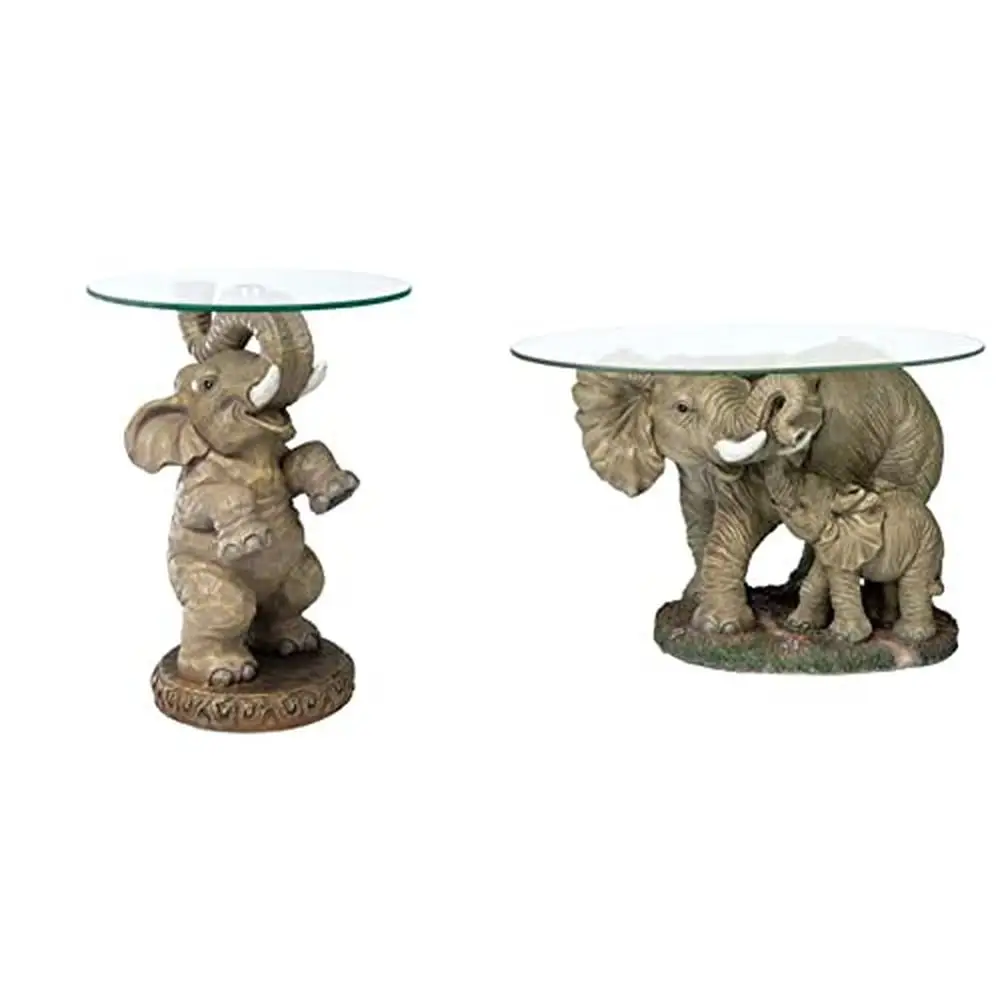 Elephant Glass-Topped Tables Bundle Handcrafted African Decor Good Luck Ornament Oval Coffee Table Adventure Ambience Elephant