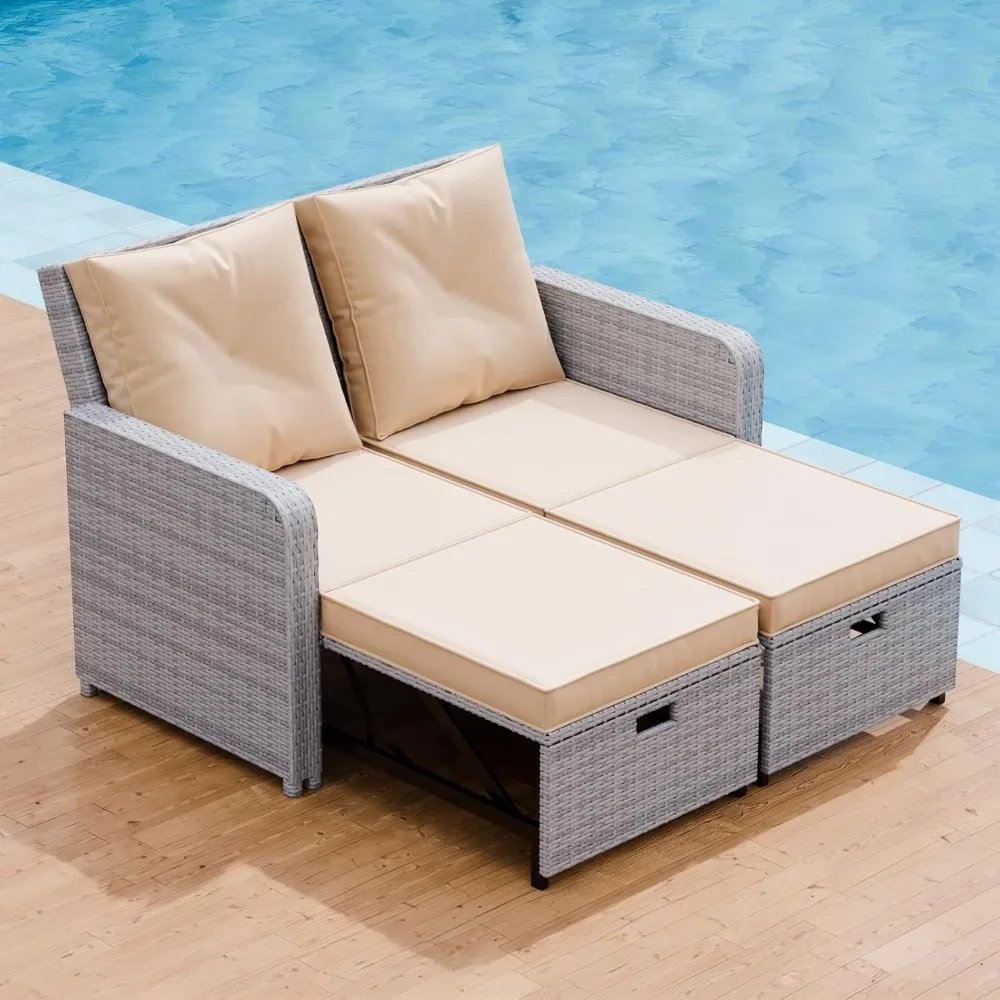 

Outdoor Patio Loveseat Sofa: 2 Seats PE Rattan Convertible Patio Furniture Sets Wicker Waterproof Cushion Outdoor Sofa Bed