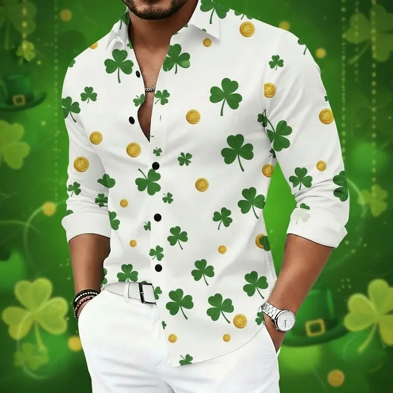 Men's Graphic Shamrock Shirt Button Down Shirt Long Sleeve Hawaiian Casual Comfortable Vacation Holiday Saint Patrick Day Summer