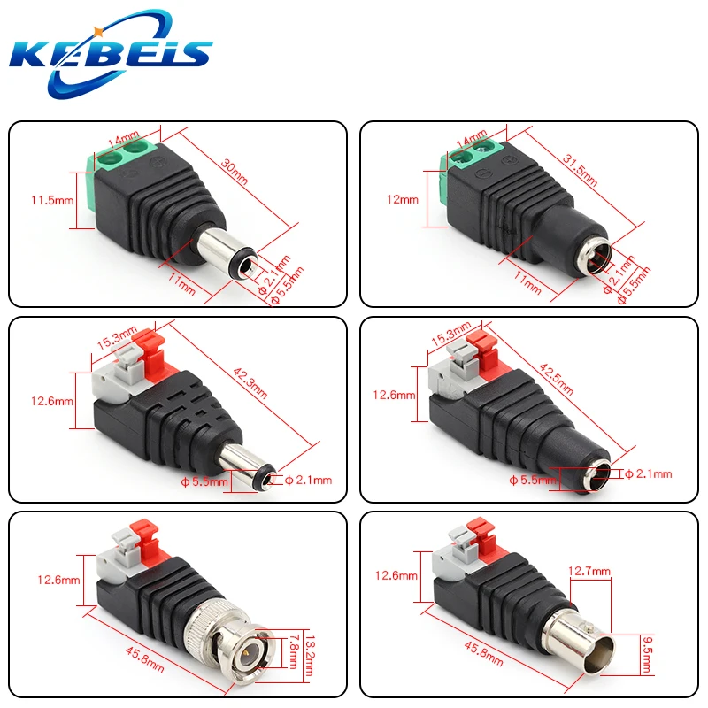 2/5/10 sztuk DC 12V męskie żeńskie złącza BNC 5.5*2.1mm/2.5mm bez spawania zasilanie wtyczka DC Adapter gniazda typu jack do kamery LED CCTV