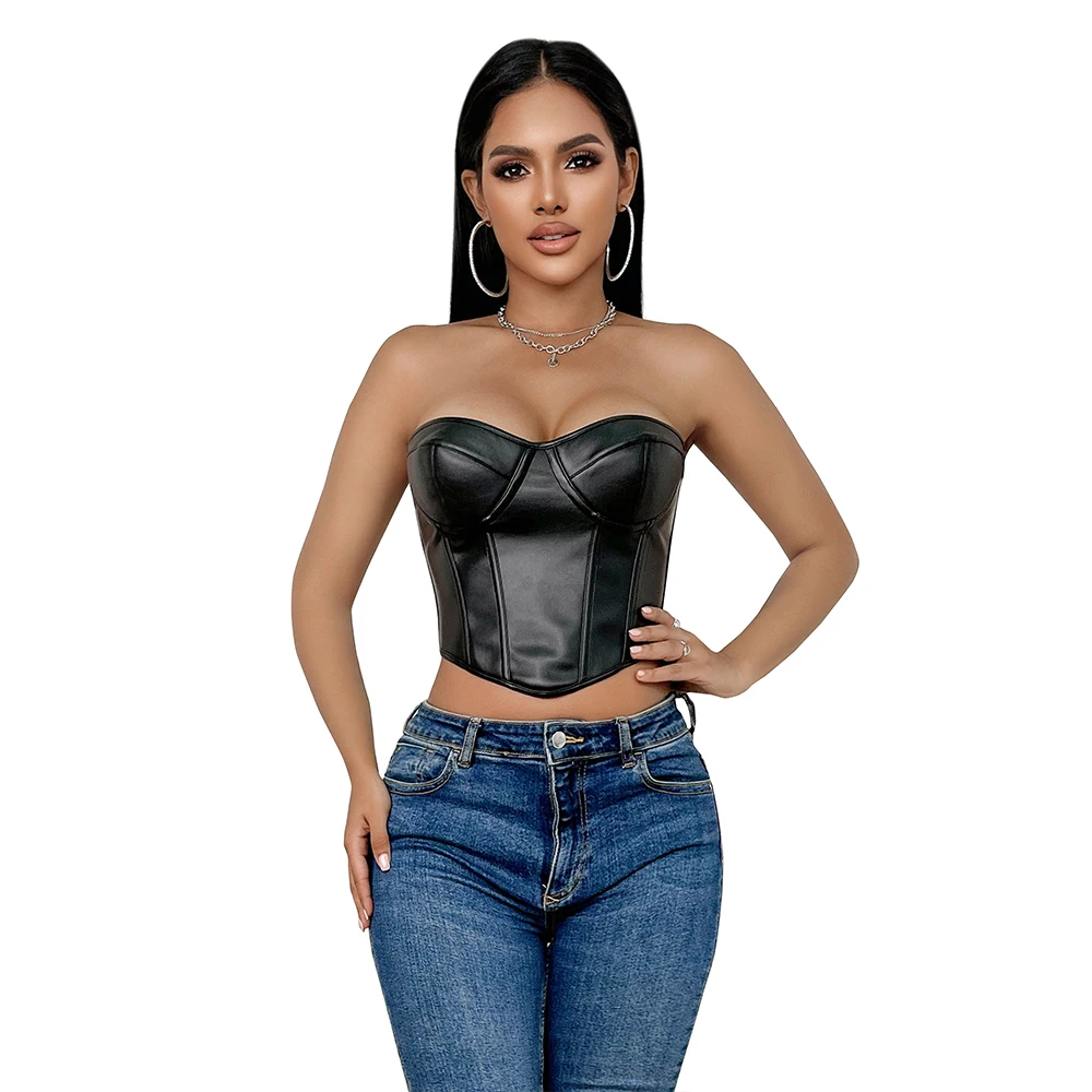 Solid Black Strapless Padded Bra Shapewear Underwear Women\'s Intimate Clothing Genuine Leather Bustier Crop Top