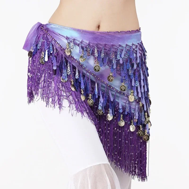 Women Belly Dance Clothing Accessories Teardrop Paillettes Fringe Wrap Elastic Base Tie-Dye Triangle Belts Coins Hip Scarf