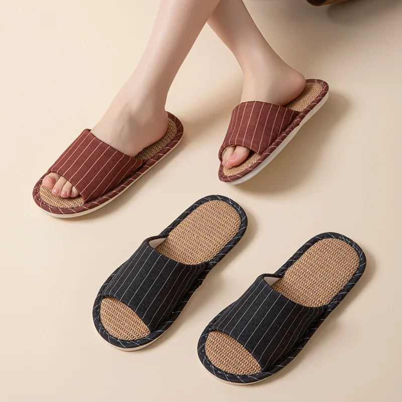 Striped Comfortable Cotton and Linen Men's Spring Slippers Indoor Anti Slip Breathable Silent Home Shoes Couple Slippers