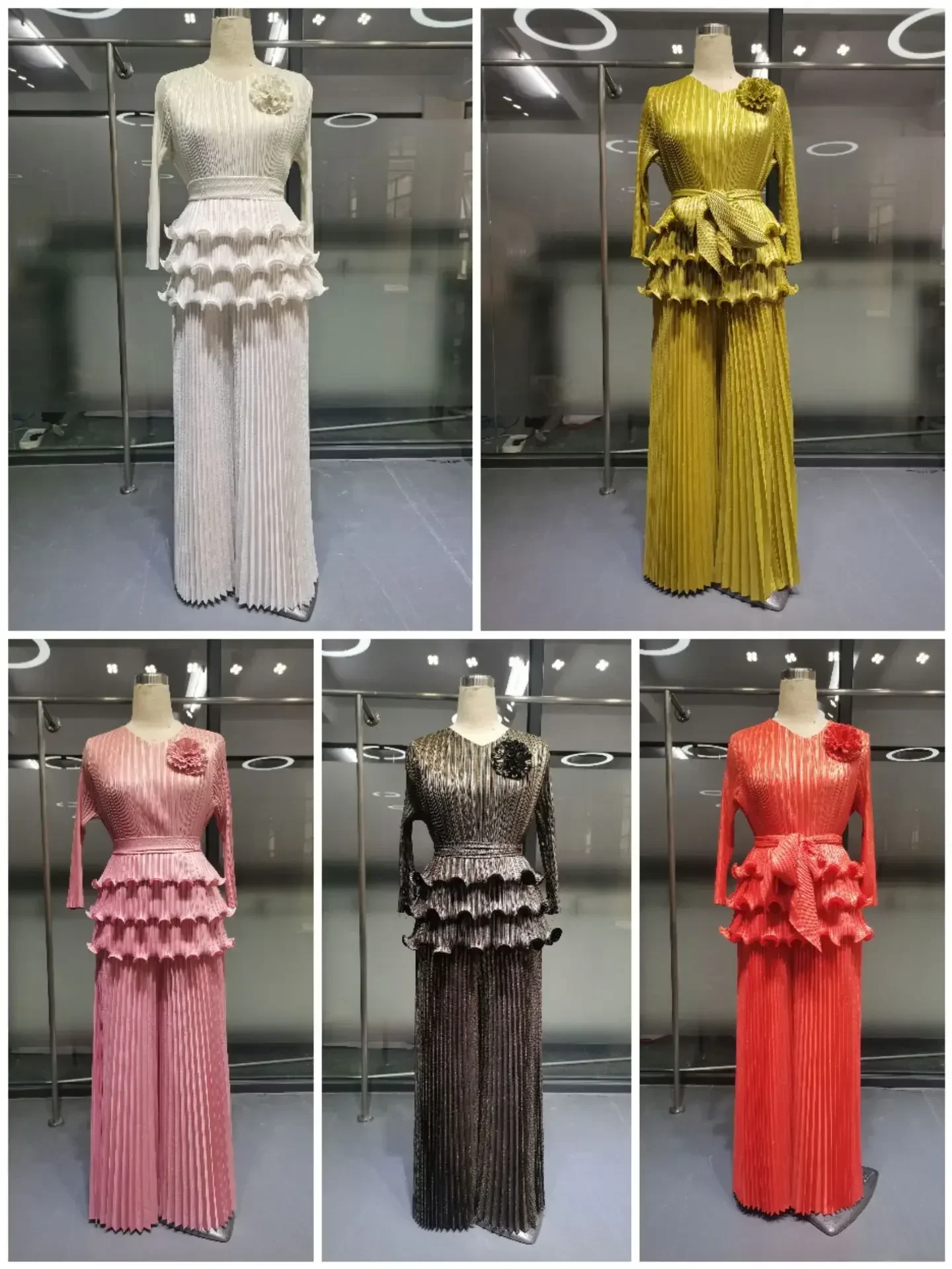 Autumn 2025 New Pleated Women\'s Suit Solid Color Bronzing V-Neck Ruffled Loose Plus Size Wide Leg Pants Casual Two-piece Set