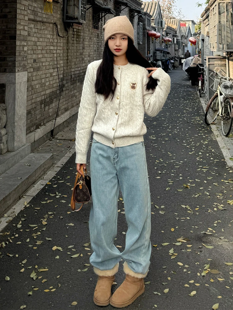 

American College Sle Knitted Cardigan Women's Autumn Winter ort Bear Embroidery Slimming Soft Chunky Knit Sweater Jaet