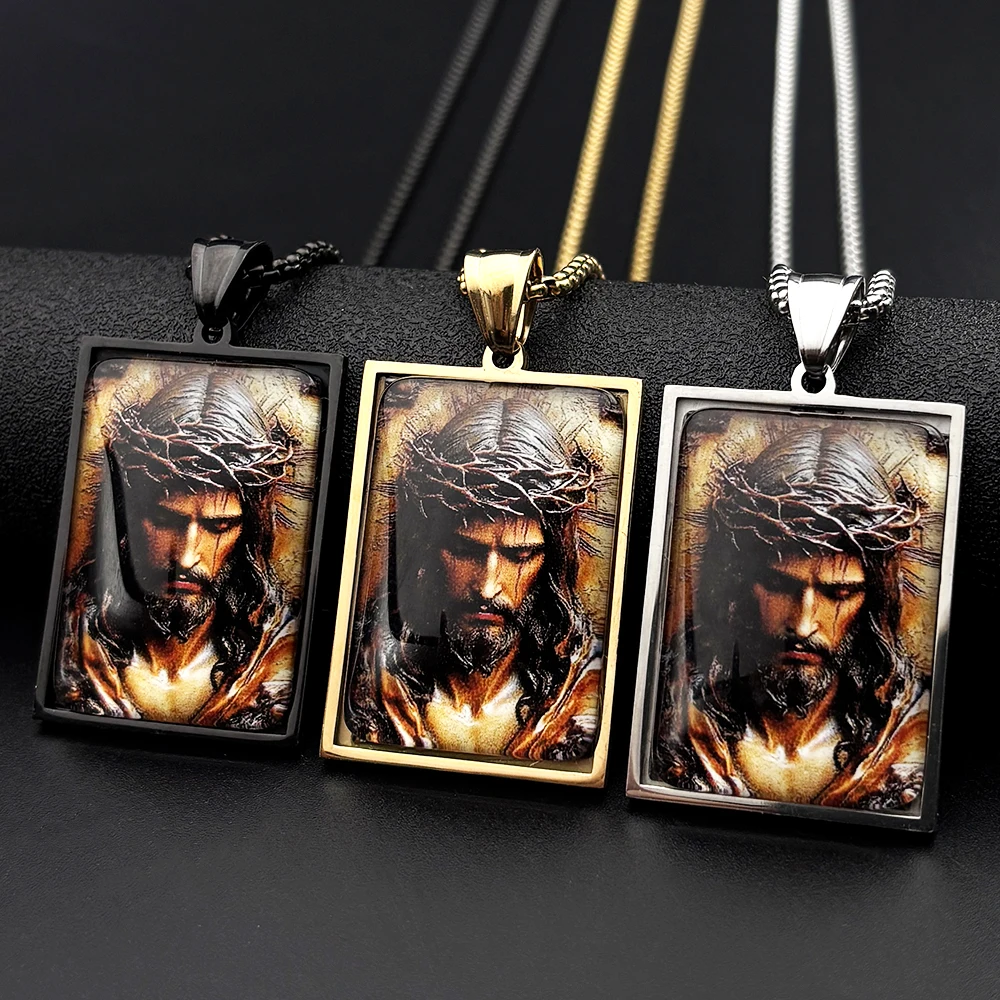 Jesus Crown of thorns Glass Rectangular Medal Pendant Necklace Stainless Steel Chain Crucifix Christian Amulet Faith Jewelry