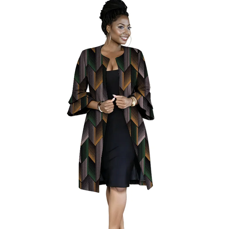 

Двухслойные женские пальто с рукавами лотоса, кардиган без воротника с африканским принтом, длинная куртка в стиле ретро, женский наряд Анкары