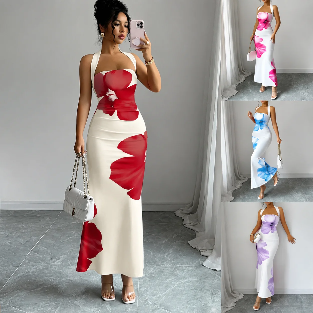 Maxi Dress Halter - Abito lungo floreale da donna con