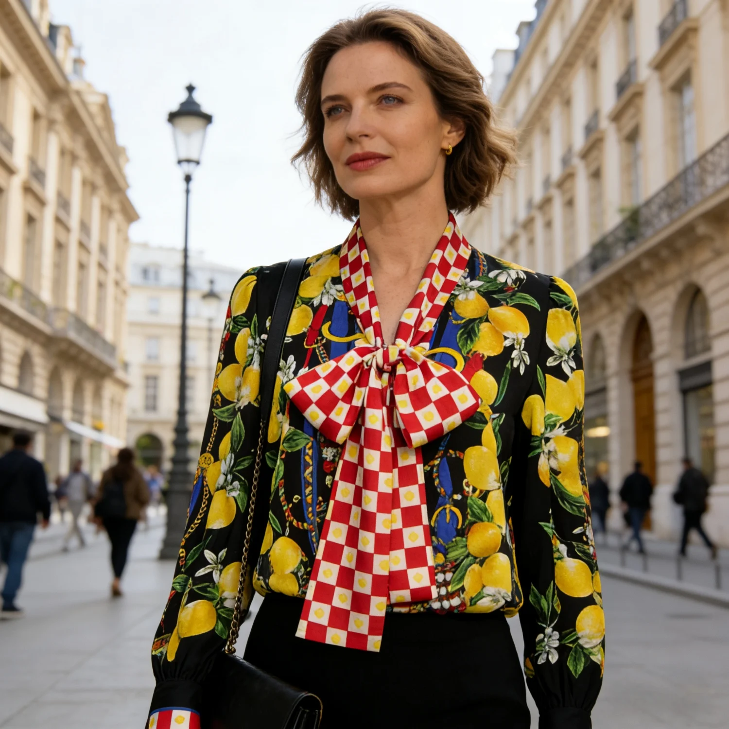 

Высококачественная женская шелковая блузка Весна 2026 | Элегантная роскошная блузка с бантом и цветочным принтом в лимонную полоску для офиса и делового стиля