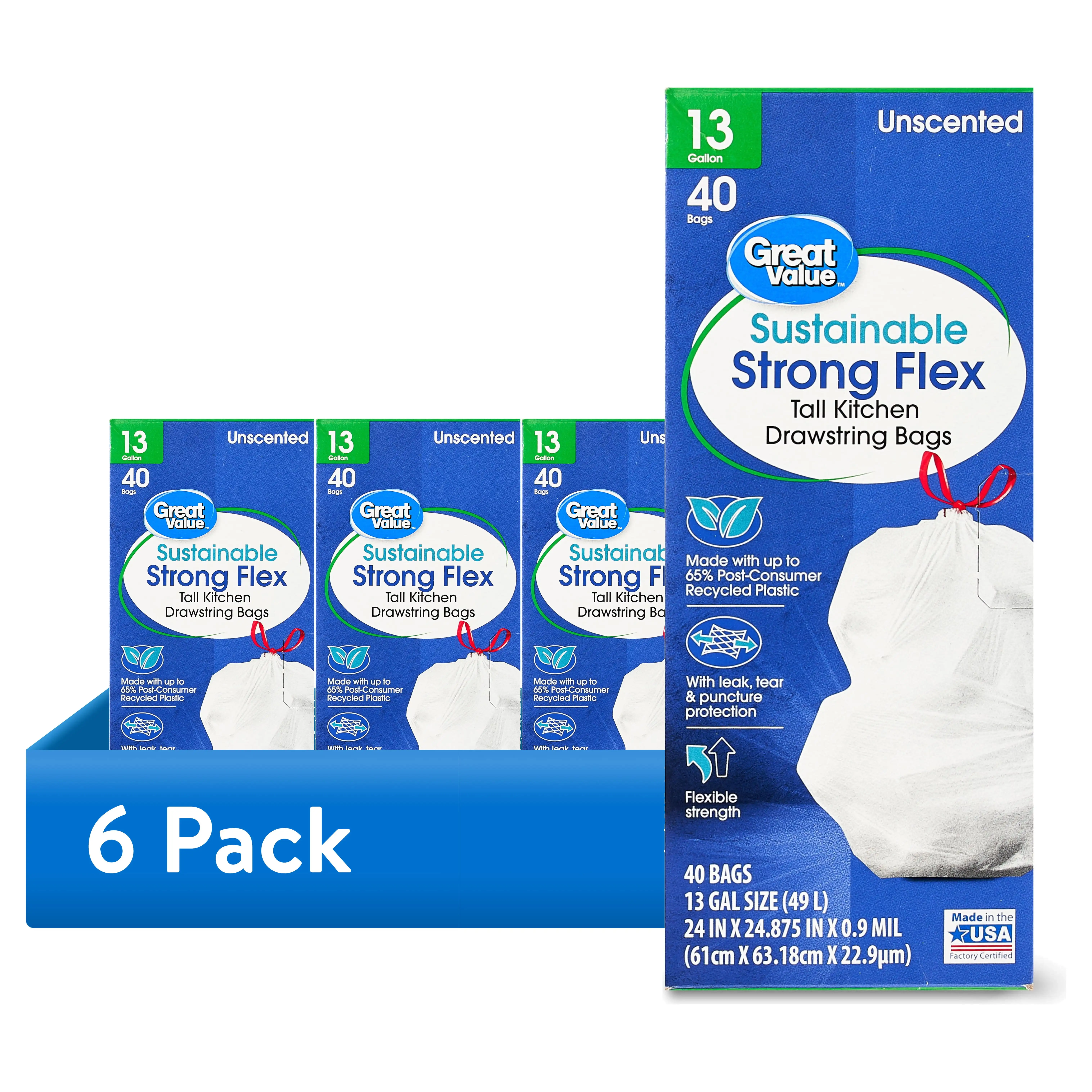 

6 Pack Sustainable Strong Flex 13 Gallon Drawstring Tall Kitchen Trash Bags 40 Bags Leak and Puncture Resistent