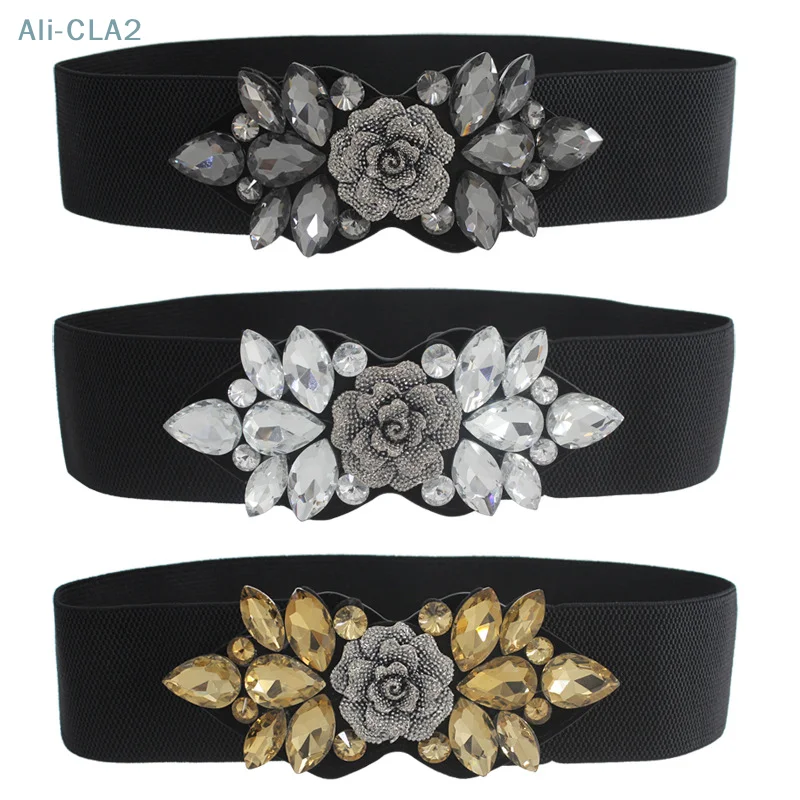 

Female Rose Flower Rhinestone Elastic Waistband Women Waist Cinch Band Dress Overcoat Clothing Accessories