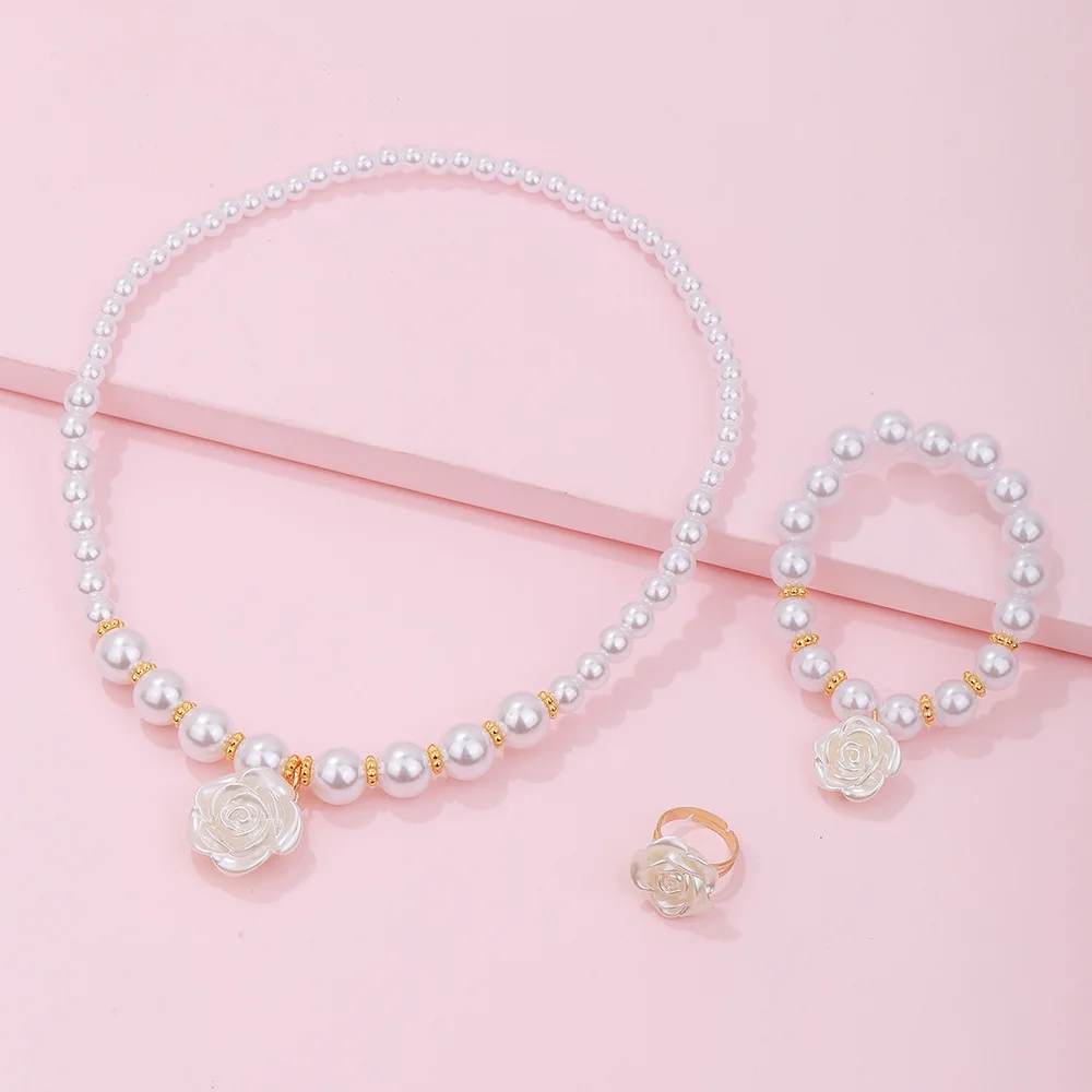 3pcs Set Cute Sweet Pearl Beaded White Camellia Flower Necklace Bracelet Ring for Women Girls Charm Children Jewelry Set Gift