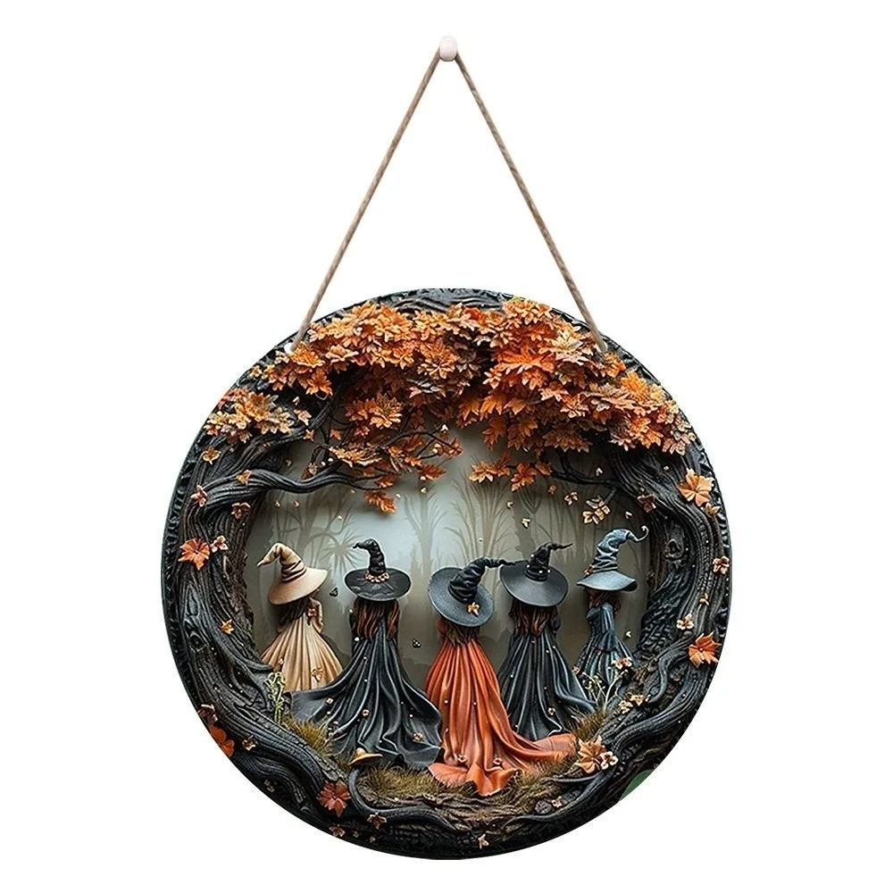 Wooden Halloween Door Decorations Cat Witch Ghost Pumpkin Porch Decor 2D Flat Round Shape Hanging Decoration Indoor Atmosphere