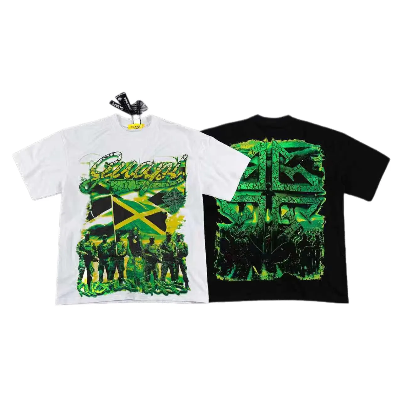 Guapi Retro Jamaican Portrait Short-Sleeve T-Shirt in Green Tone with Retro Double-Sided Heavy Washed Fabric