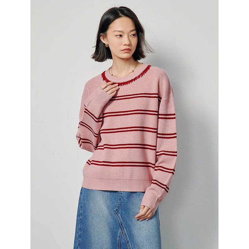 TOYOUTH Women Sweater 2024 Spring Round Neck Contrasting Striped Classic Knitwear Versatile Tops