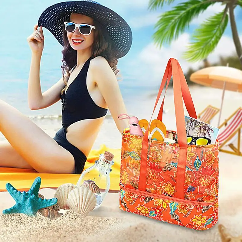 Dry And Wet Separation Beach Bag Nylon Extra Large Beach Bag Mesh Family Beach Tote Waterproof Sandproof Wet & Dry Separation