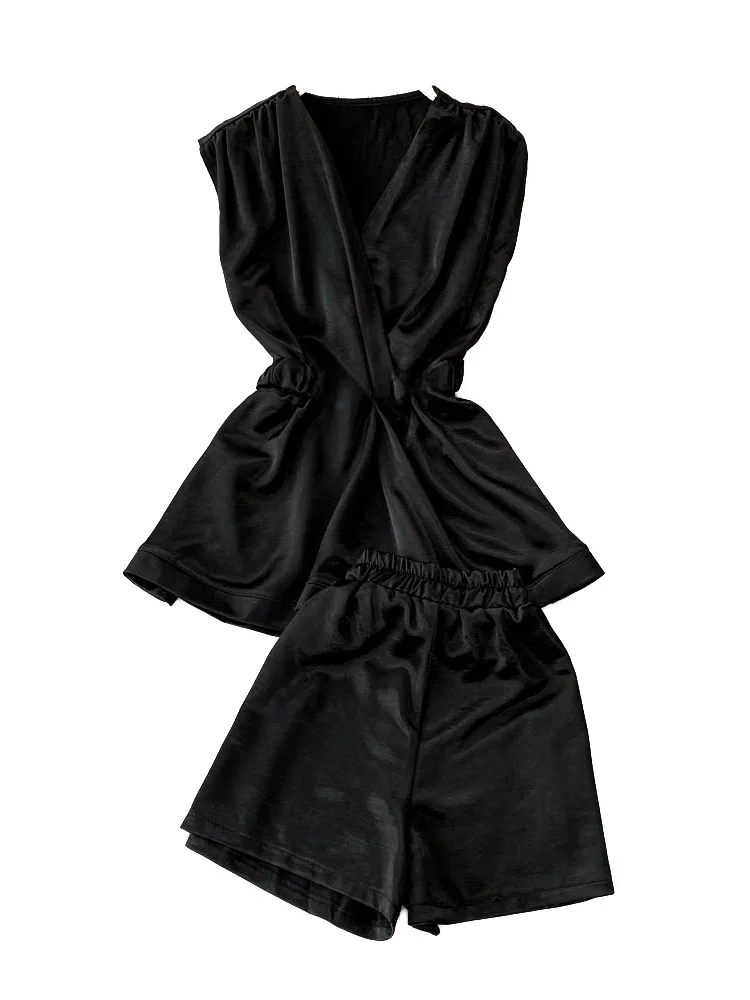 

Purple Svel V-ne Vest High Waist Button up Slimming Puffy Ruffle Hem Top with High Waist orts Two-piece Set